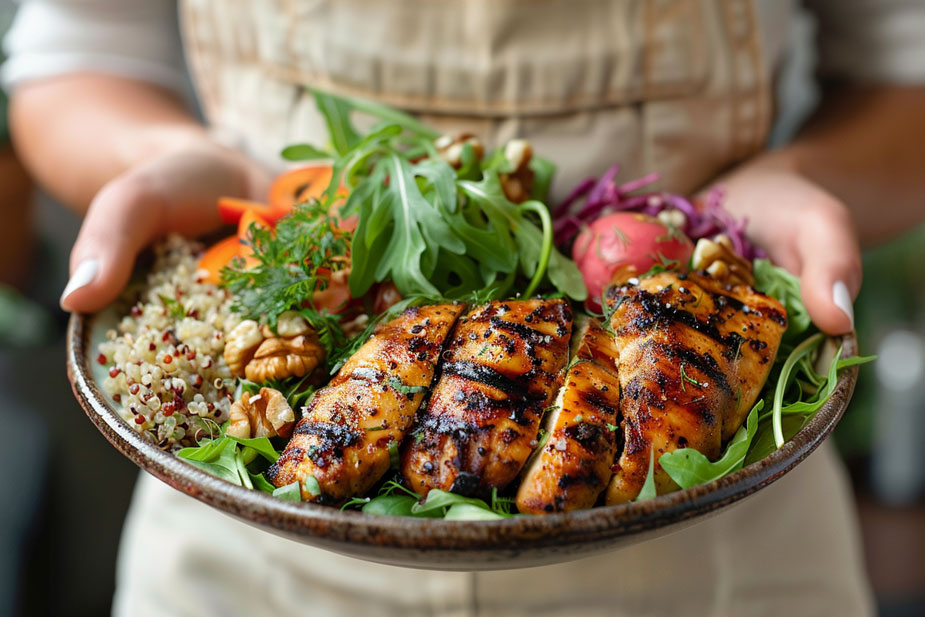 Balansiran obrok sa piletinom i quinoa salatom, bogat proteinima i vlaknima za ishranu kod hemoroida