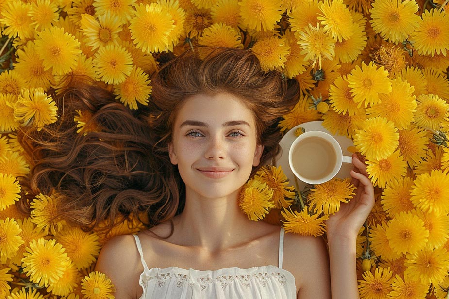 Mlada žena leži okružena žutim maslačcima pored nje je šoljica čaja