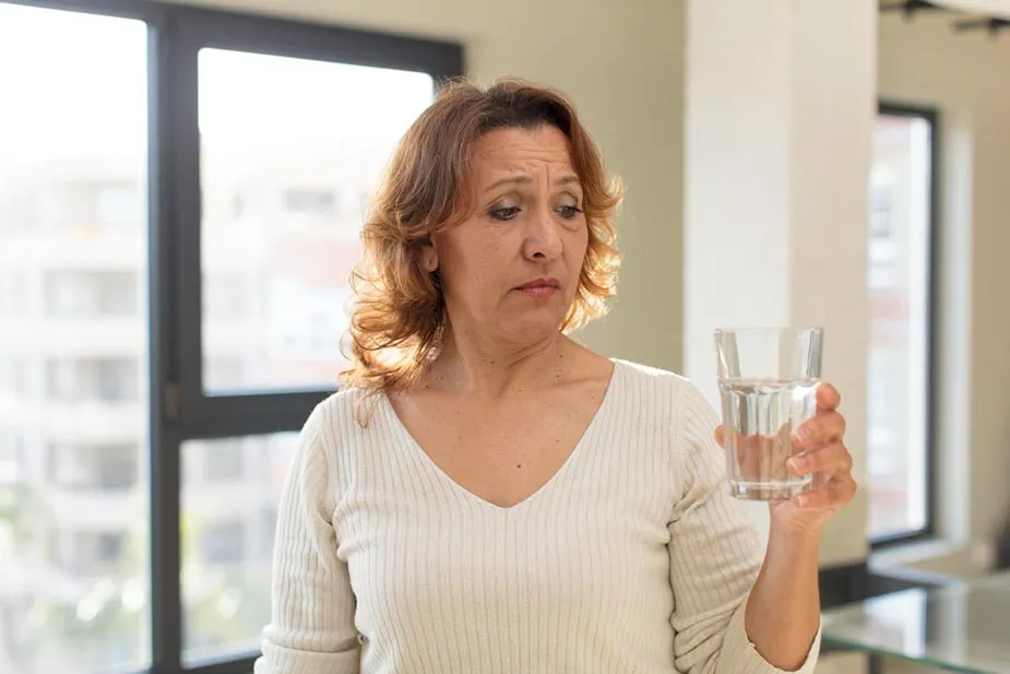Žena gleda u čašu vode sa zabrinutim izrazom lica.